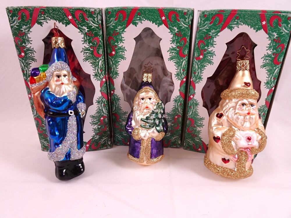 Lot 3 Inge-Glas Santa Christmas Ornaments Old World Christmas Hearts Ivory Blue